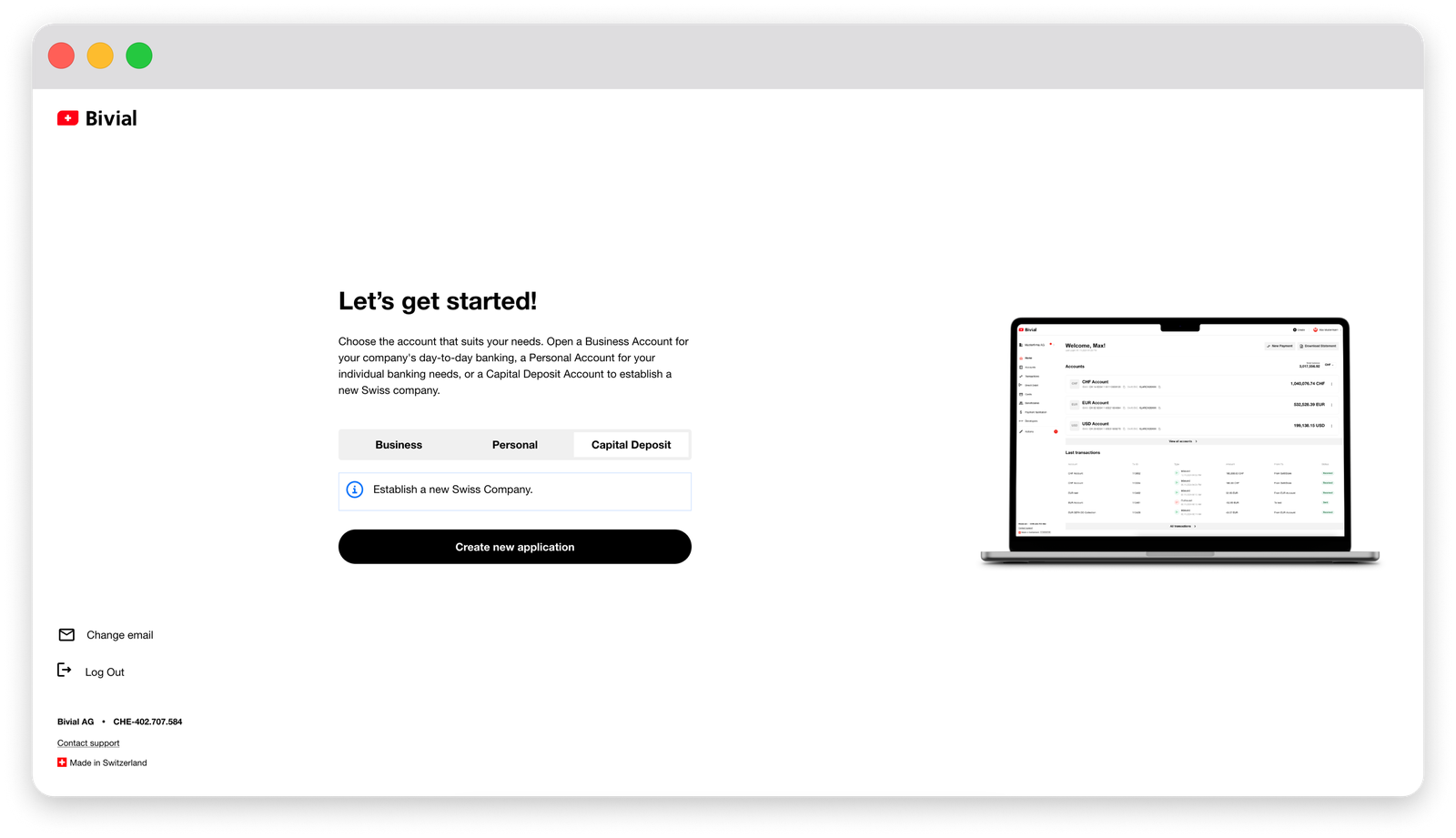 Bivial Share Capital Account dashboard